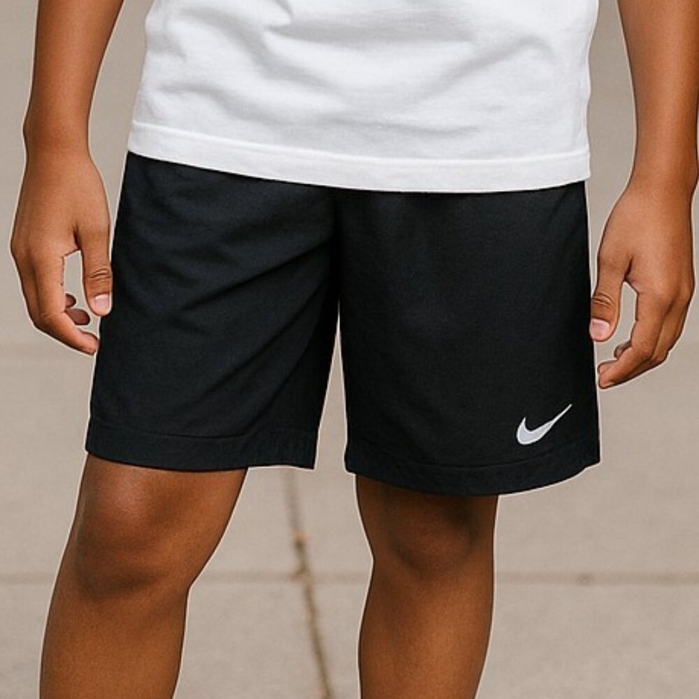 NIKE DRI-FIT Black Shorts Boys M 10 12 White Swoosh Running Track Sports Hybrid - Picture 11 of 11